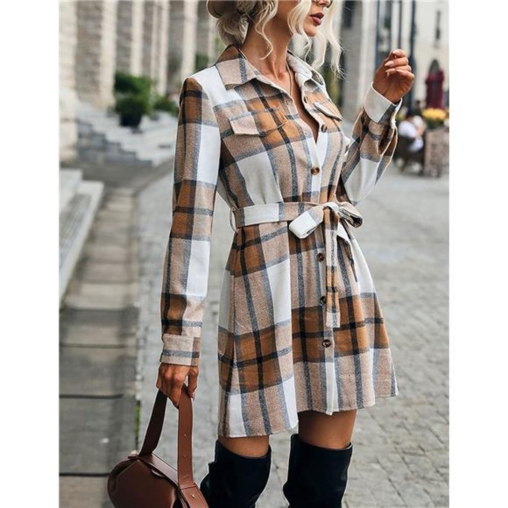 Khaki Long Plaid Shacket Jacket Button Down Midi Belted Trench Coat Dress - Picture 3 of 7